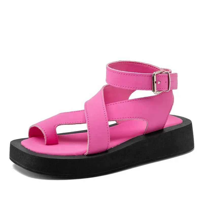Sandals for Women Genuine Leather Clip Toe Gladiator Style Med Platform Ladies Sandals
