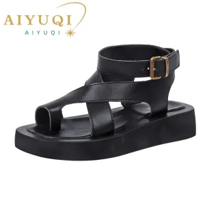Sandals for Women Genuine Leather Clip Toe Gladiator Style Med Platform Ladies Sandals