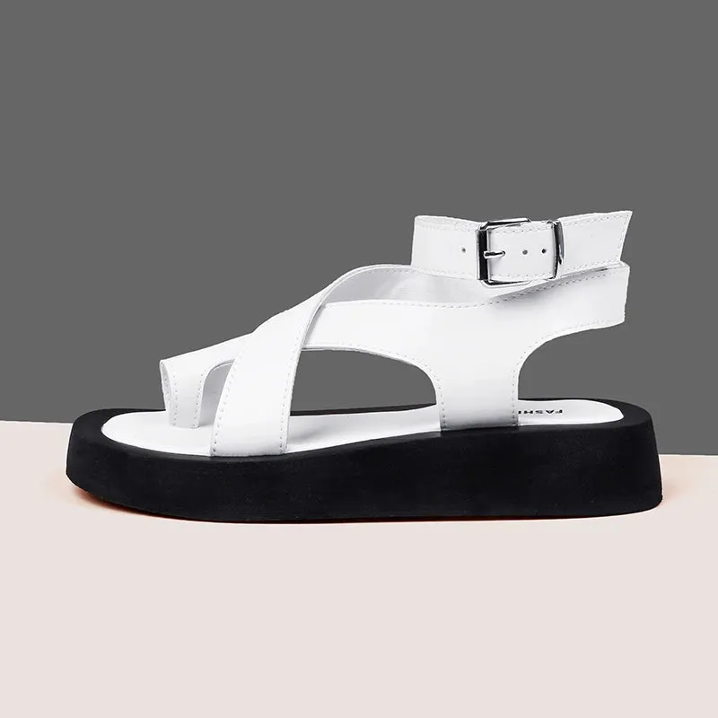 Sandals for Women Genuine Leather Clip Toe Gladiator Style Med Platform Ladies Sandals
