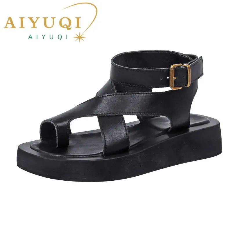 Sandals for Women Genuine Leather Clip Toe Gladiator Style Med Platform Ladies Sandals