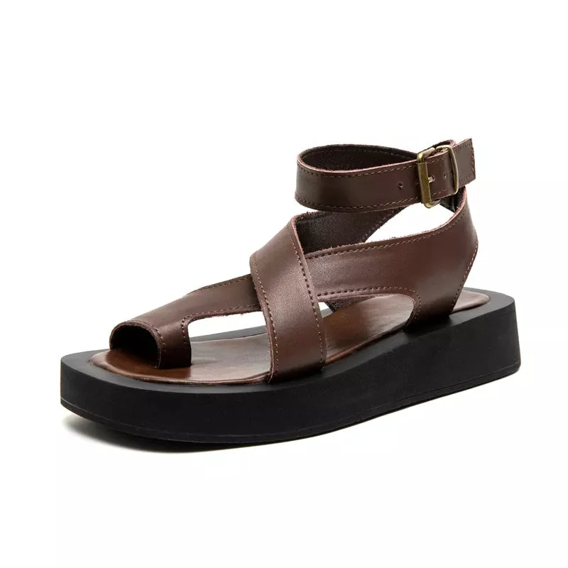 Sandals for Women Genuine Leather Clip Toe Gladiator Style Med Platform Ladies Sandals