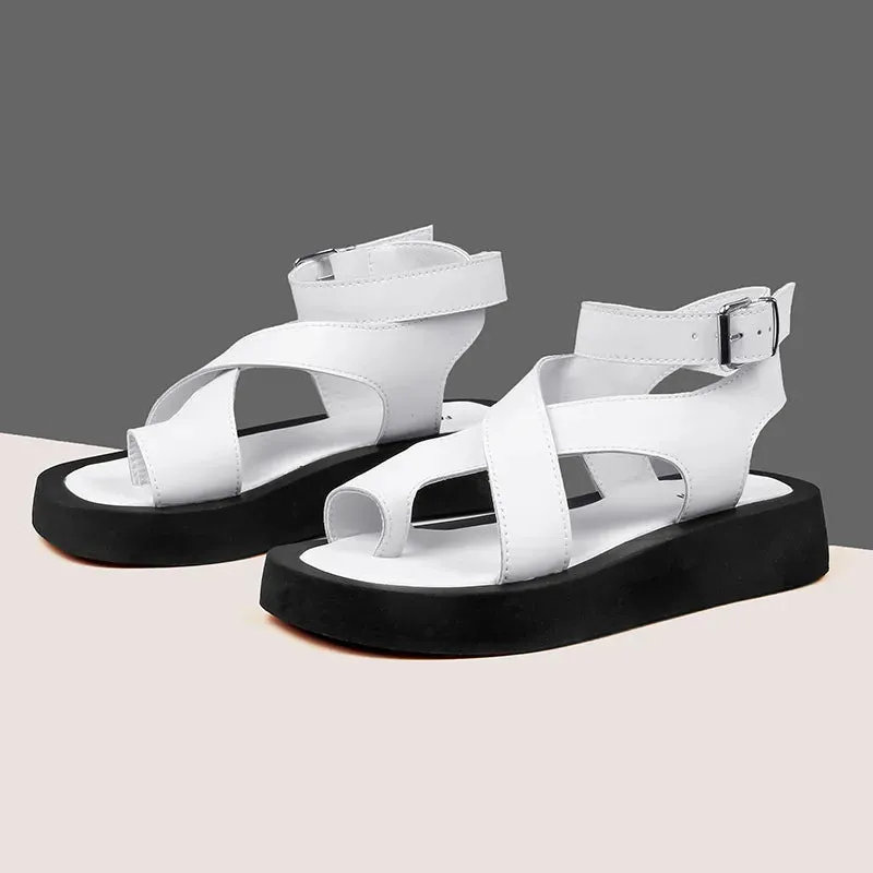 Sandals for Women Genuine Leather Clip Toe Gladiator Style Med Platform Ladies Sandals