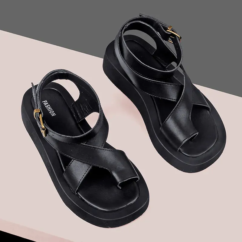 Sandals for Women Genuine Leather Clip Toe Gladiator Style Med Platform Ladies Sandals
