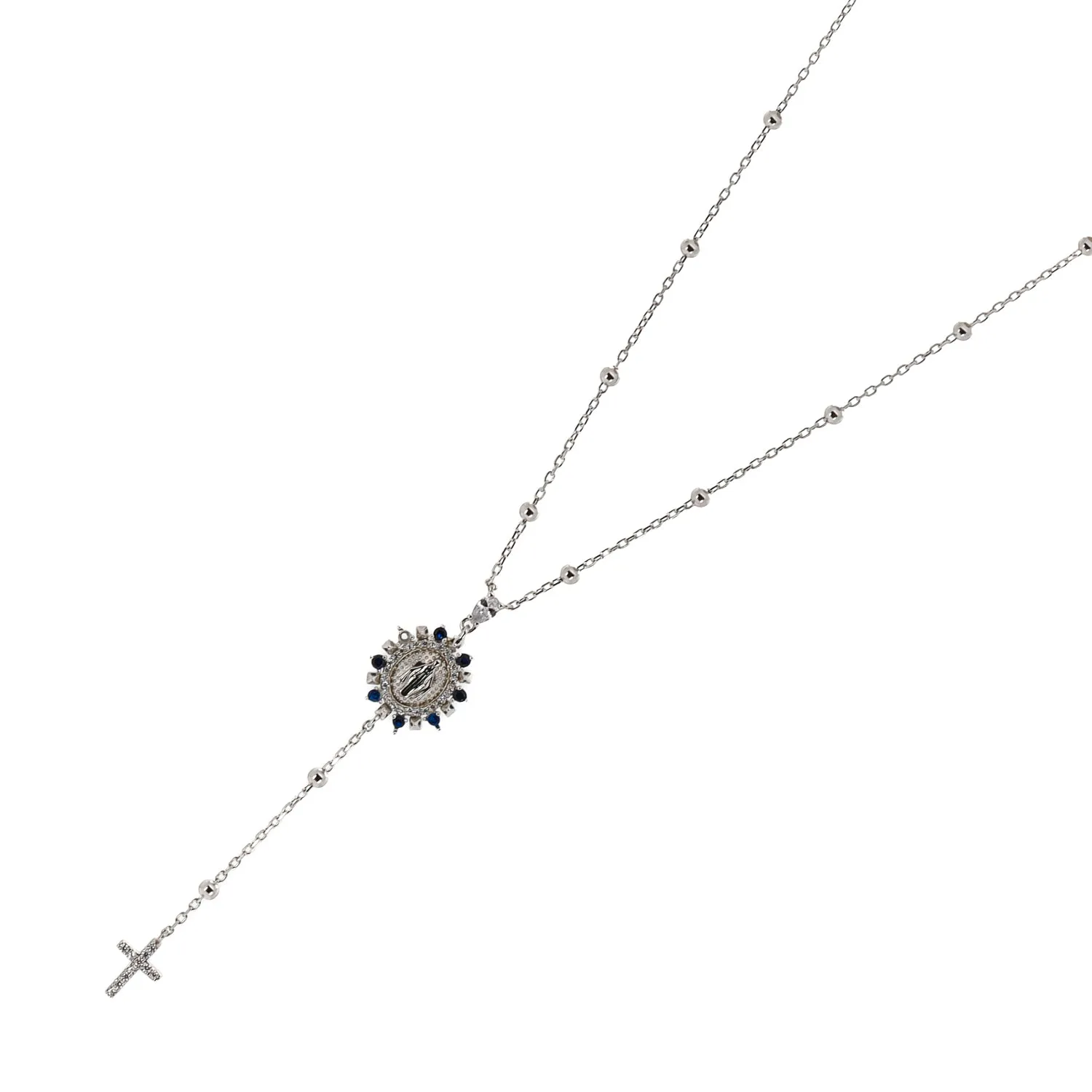 Sapphire & Diamond Virgin Mary Cross Pendant Sterling Silver Chain Necklace