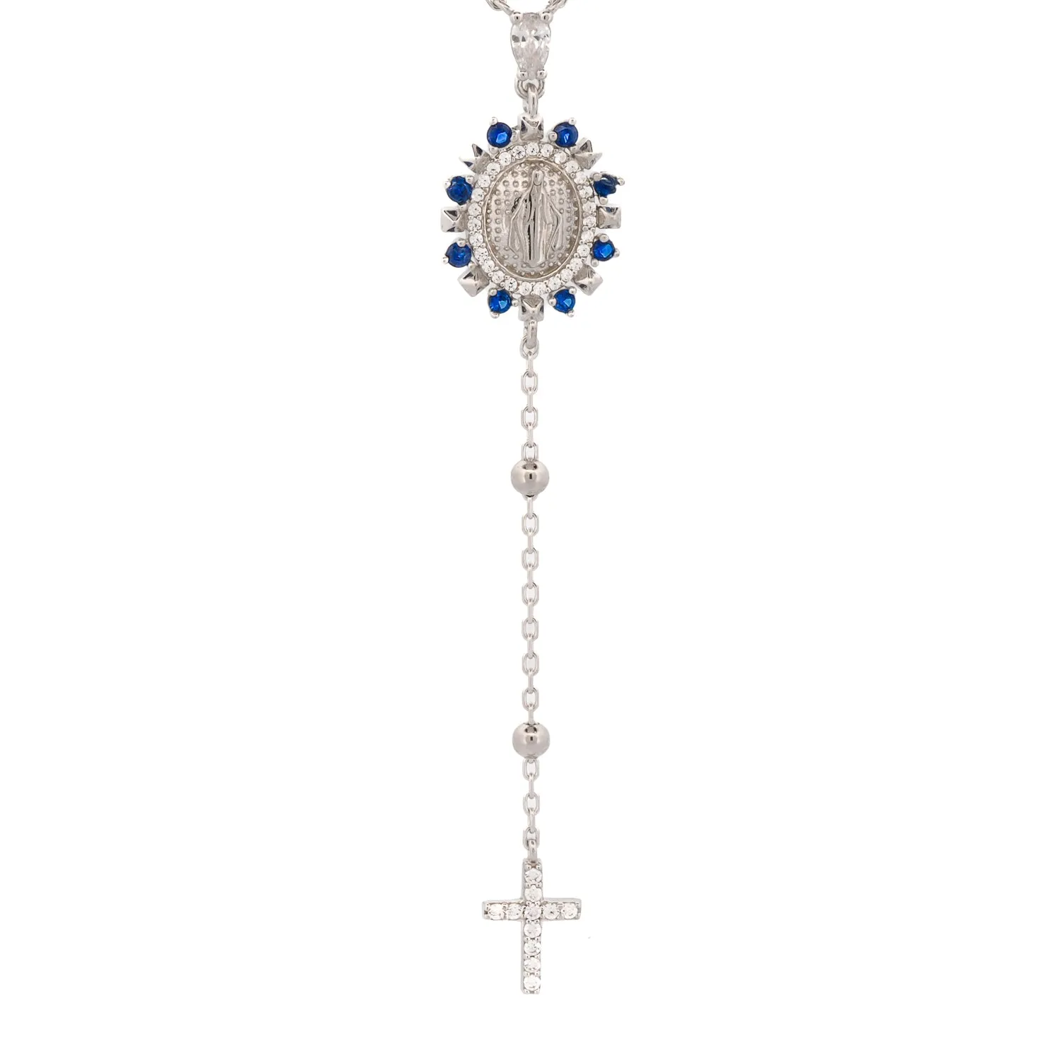 Sapphire & Diamond Virgin Mary Cross Pendant Sterling Silver Chain Necklace