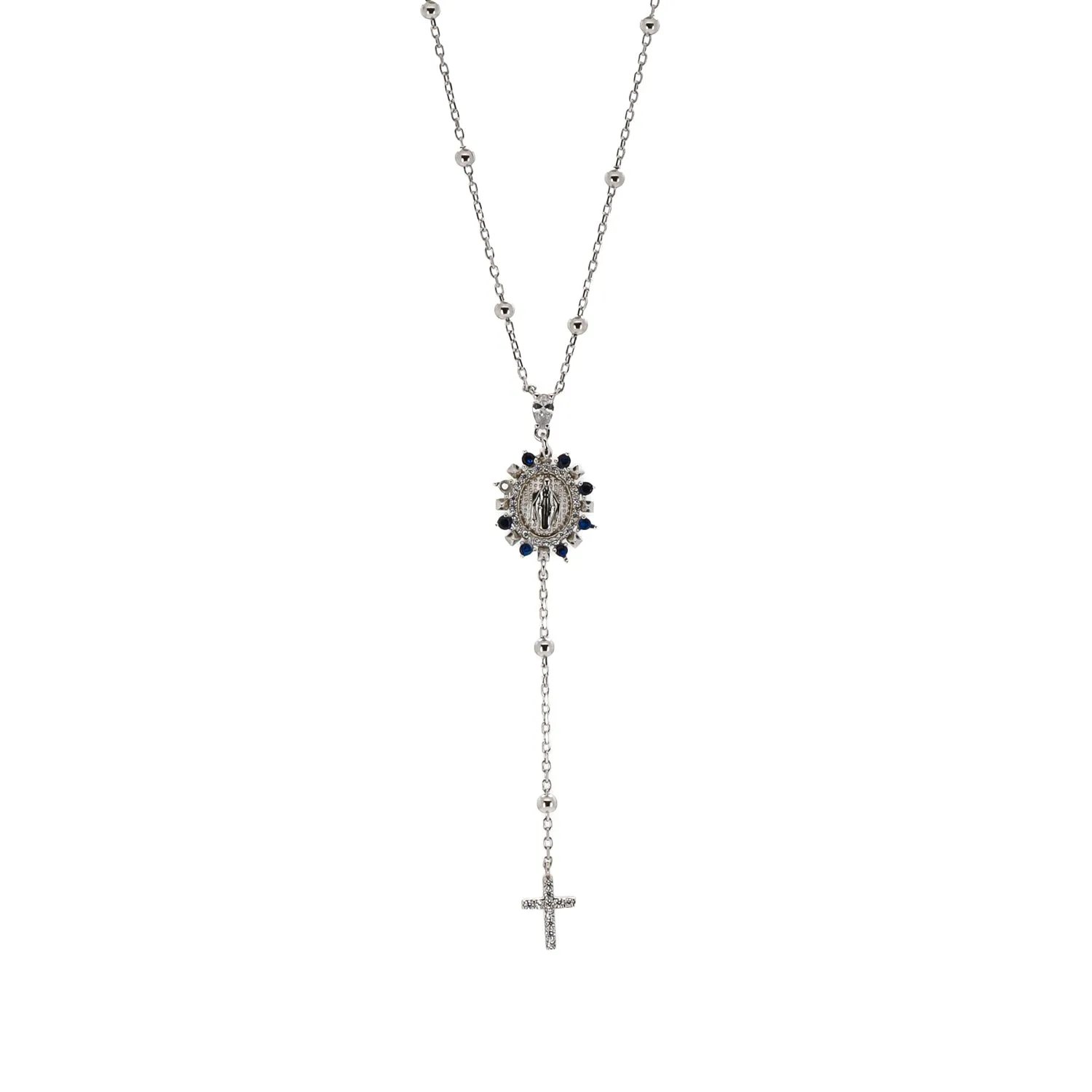 Sapphire & Diamond Virgin Mary Cross Pendant Sterling Silver Chain Necklace