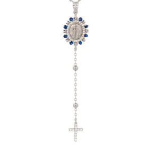Sapphire & Diamond Virgin Mary Cross Pendant Sterling Silver Chain Necklace