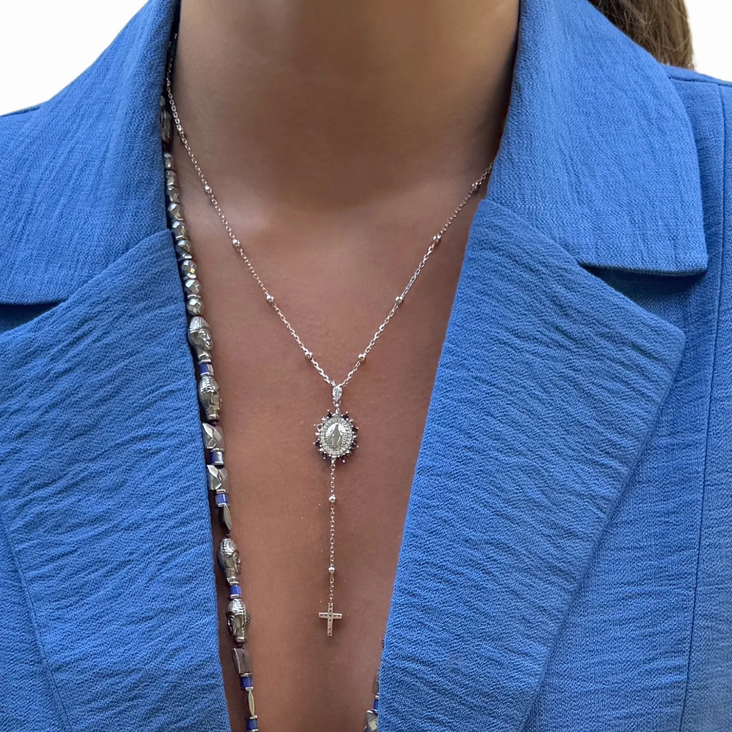 Sapphire & Diamond Virgin Mary Cross Pendant Sterling Silver Chain Necklace