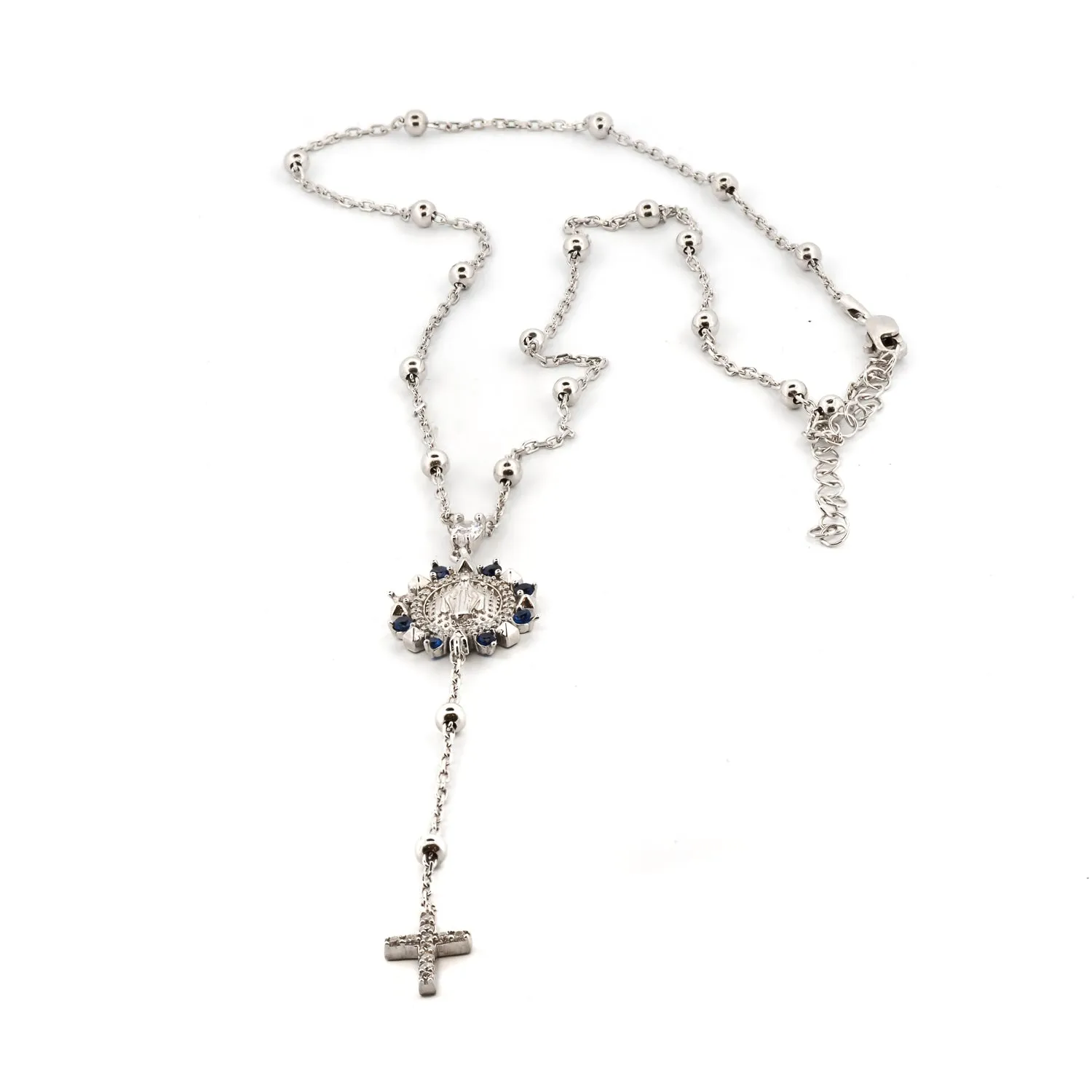 Sapphire & Diamond Virgin Mary Cross Pendant Sterling Silver Chain Necklace