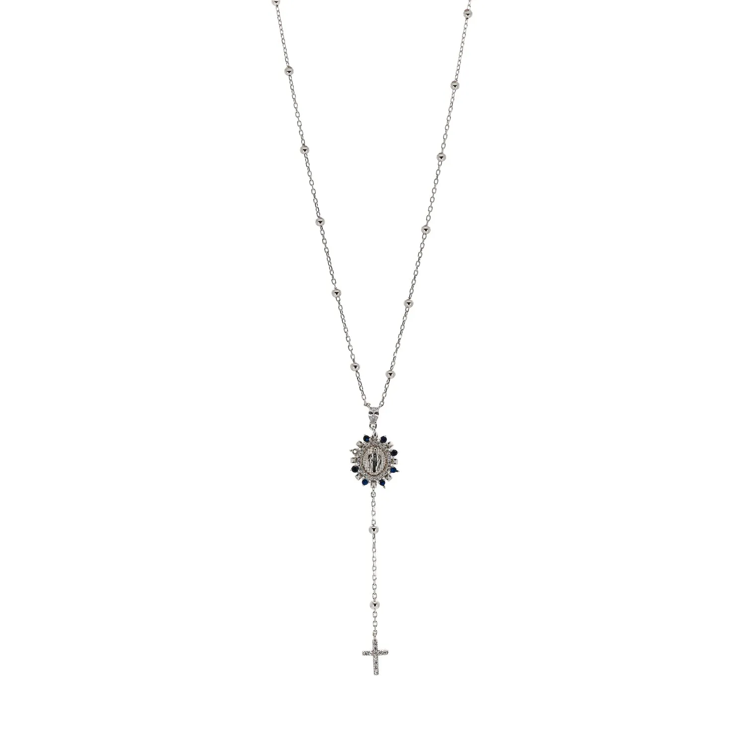 Sapphire & Diamond Virgin Mary Cross Pendant Sterling Silver Chain Necklace
