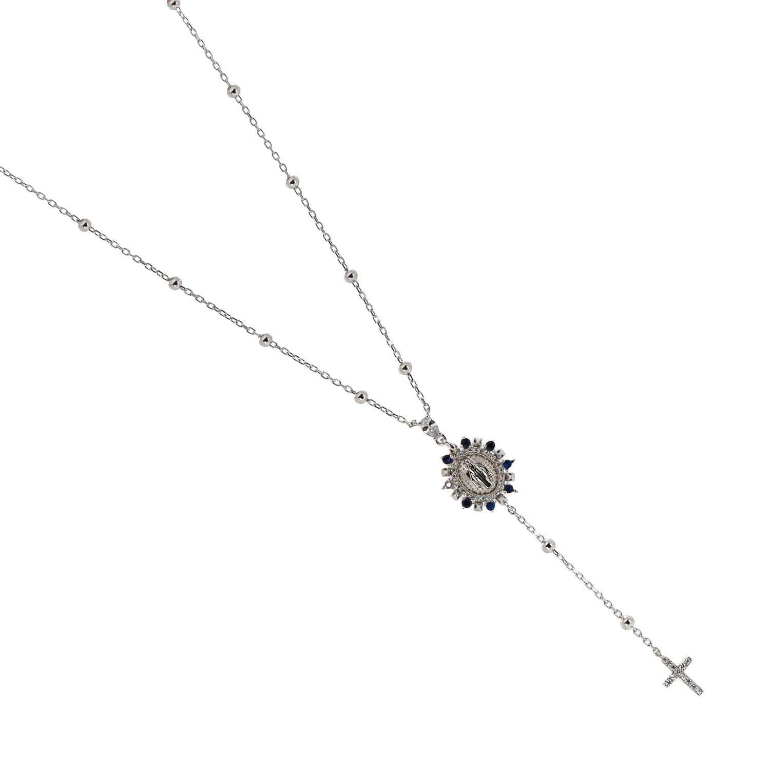Sapphire & Diamond Virgin Mary Cross Pendant Sterling Silver Chain Necklace