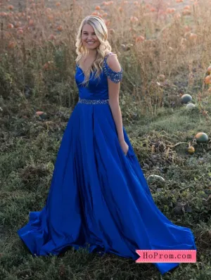 Satin Blue Ballgown Off Shoulder Prom Dress Beaded Straps Evening Gown