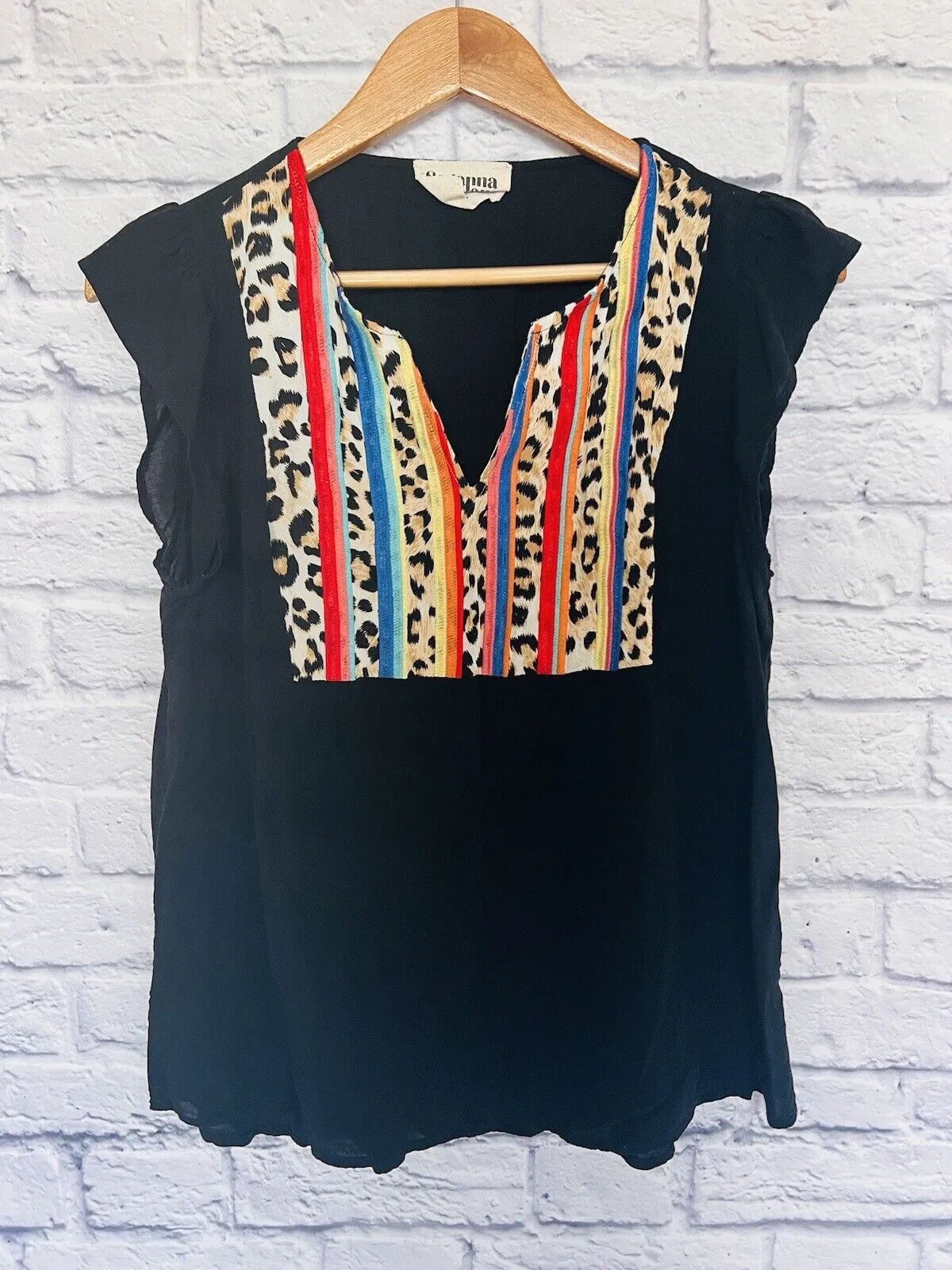 SAVANNA JANE Womens Embroidered Blouse Sz L Top Animal Print Cap Sleeve Shirt