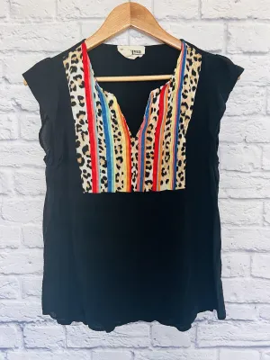 SAVANNA JANE Womens Embroidered Blouse Sz L Top Animal Print Cap Sleeve Shirt