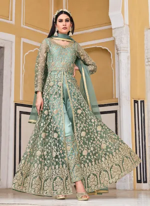 Sea Green Embroidered Designer Anarkali Lehenga/Pant Suit