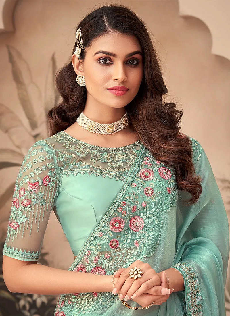 Sea Green Embroidered Party Wear Silk Saree