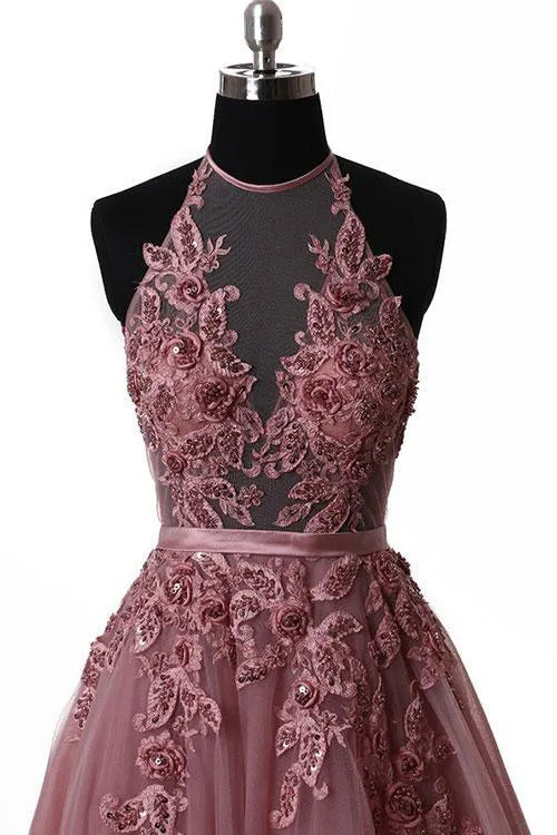 Sexy A Line Halter Sweep Train Sleeveless Appliques Lace-up Long Tulle Prom Dress Evening Dress OHC118