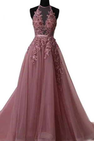 Sexy A Line Halter Sweep Train Sleeveless Appliques Lace-up Long Tulle Prom Dress Evening Dress OHC118