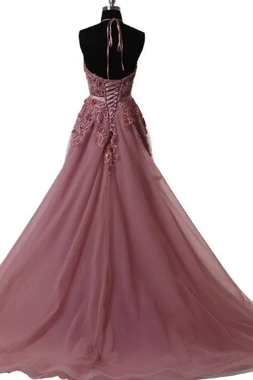 Sexy A Line Halter Sweep Train Sleeveless Appliques Lace-up Long Tulle Prom Dress Evening Dress OHC118