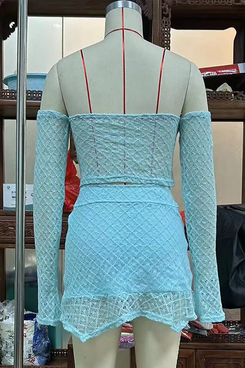 Sexy Lace Lace Up Irregular Off Shoulder Long Sleeve Two Pieces(3 Colors)