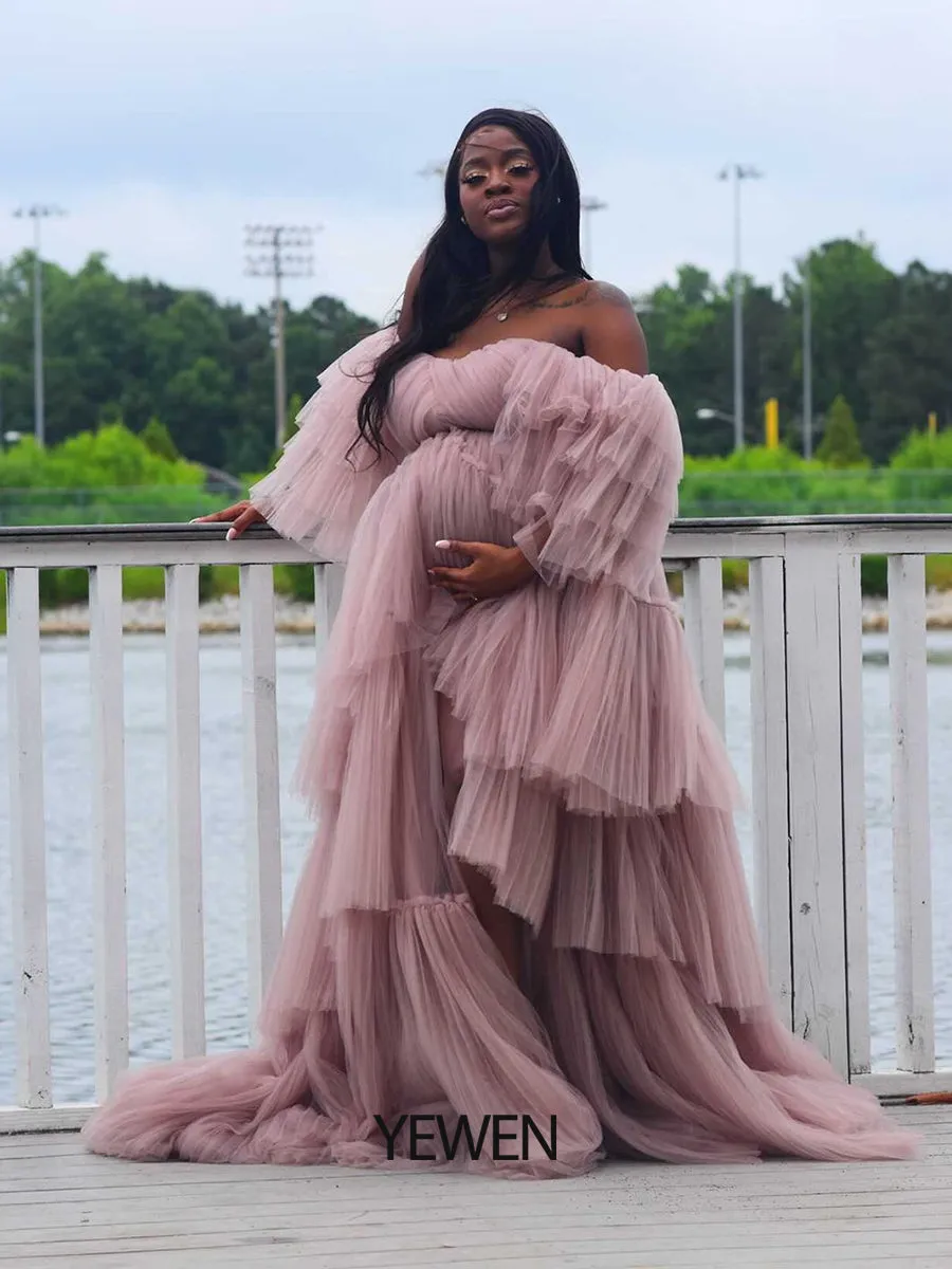 Sexy Off Shoulder Maternity Dress Ruffled Lace Up Evening Dress For Photo shoot YW2051