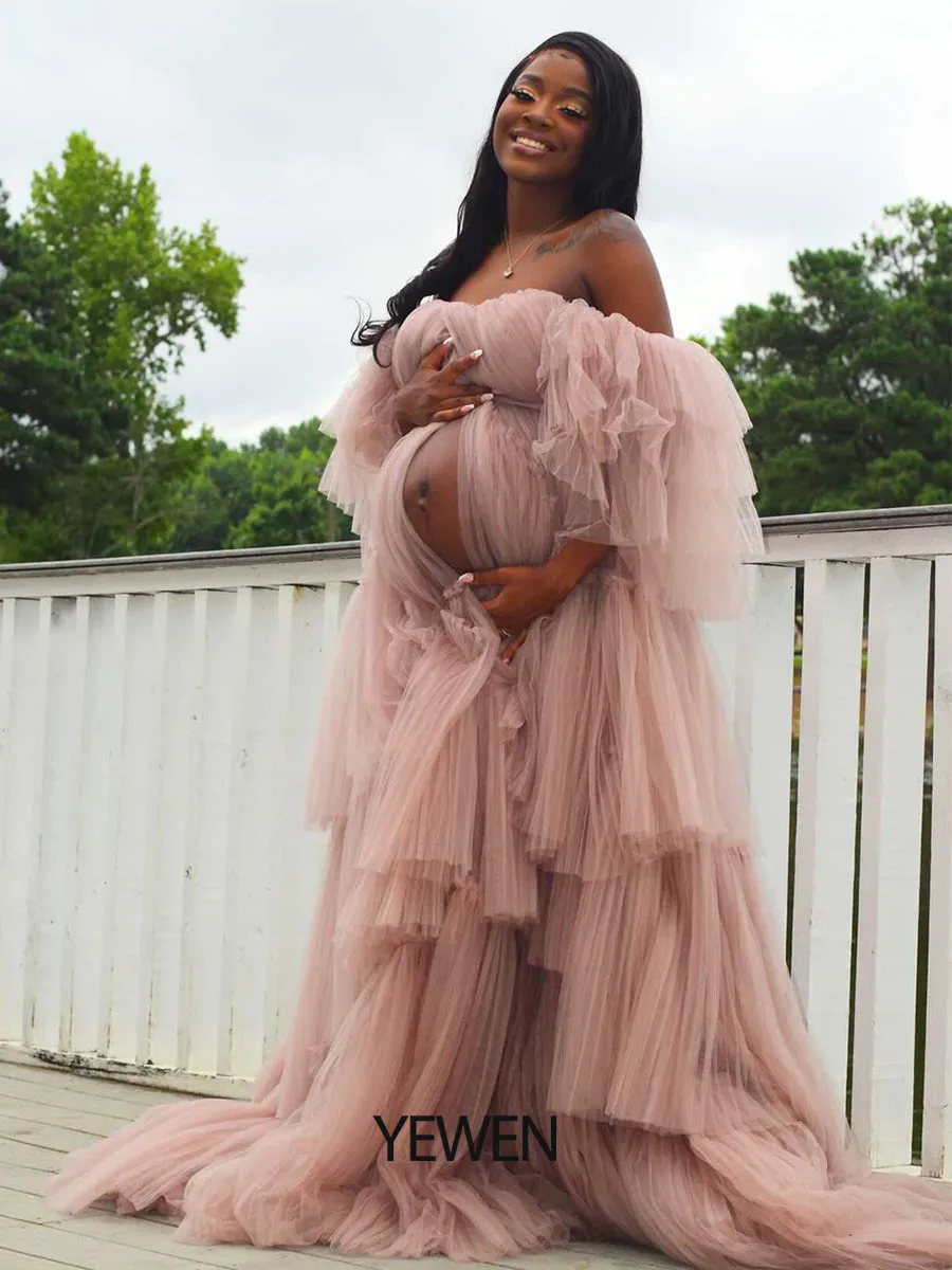 Sexy Off Shoulder Maternity Dress Ruffled Lace Up Evening Dress For Photo shoot YW2051