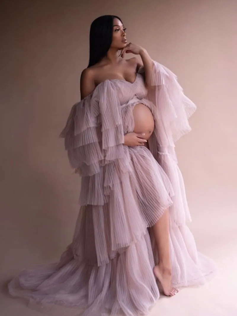 Sexy Off Shoulder Maternity Dress Ruffled Lace Up Evening Dress For Photo shoot YW2051