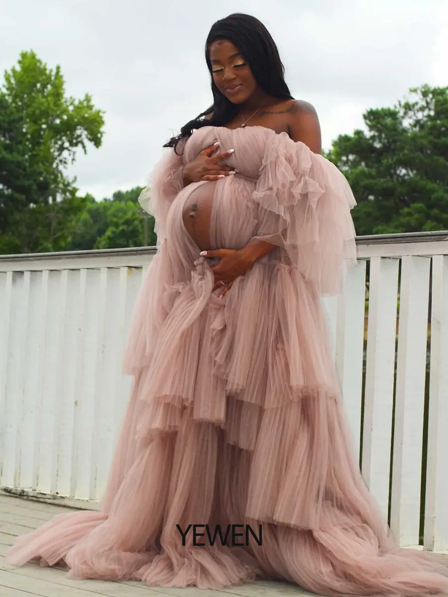 Sexy Off Shoulder Maternity Dress Ruffled Lace Up Evening Dress For Photo shoot YW2051