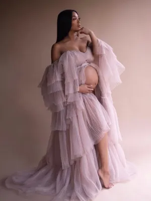 Sexy Off Shoulder Maternity Dress Ruffled Lace Up Evening Dress For Photo shoot YW2051