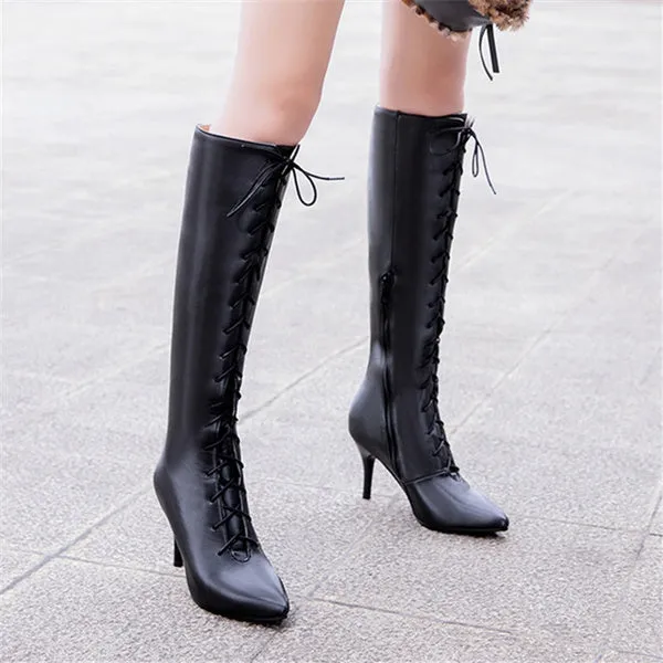 Sexy Pointed Toe Front Lace-Up High Heel Stiletto Stretch Over The Knee High Boot