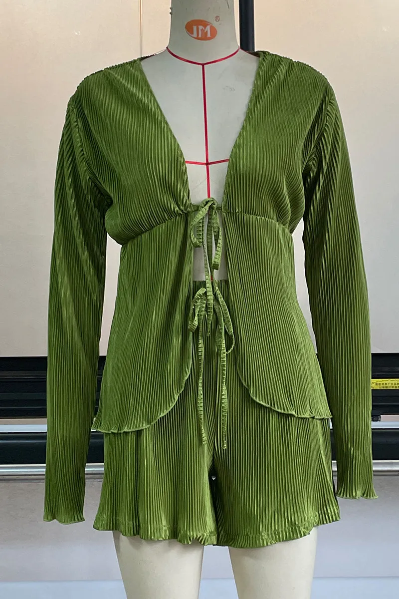 Sexy Solid Color Lace Up Ruched V Neck Long Sleeve Two Pieces