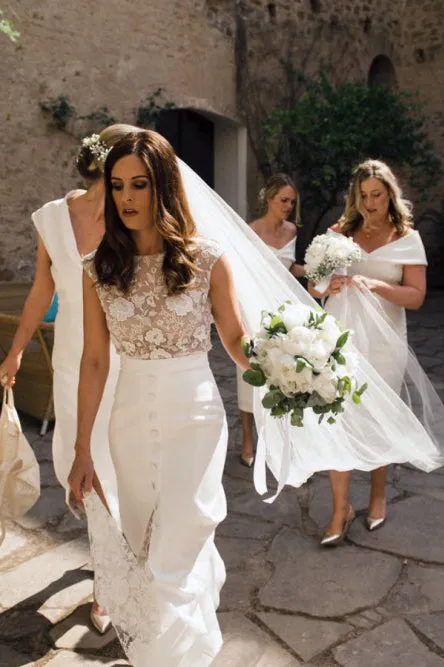 Sheath Bateau Cap Sleeves Sweep Train Lace Wedding Dress with Split OHD023