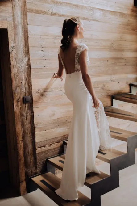 Sheath Bateau Cap Sleeves Sweep Train Lace Wedding Dress with Split OHD023