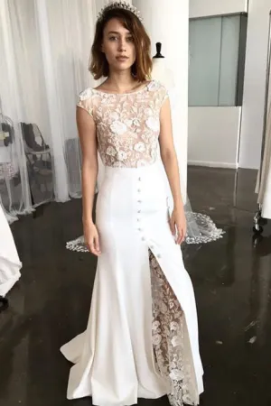 Sheath Bateau Cap Sleeves Sweep Train Lace Wedding Dress with Split OHD023