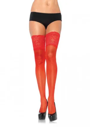 Sheer Thigh High Stay-Up Lace Top - Red - One Size