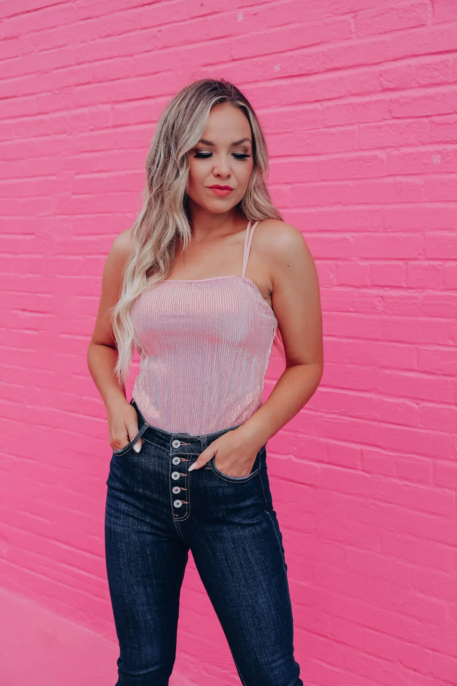 Shelley Sequin Lace Up Bodysuit - Pink
