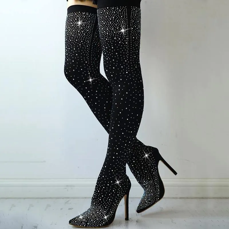 Shiny Sequins Knee-High Thin Heel Boots
