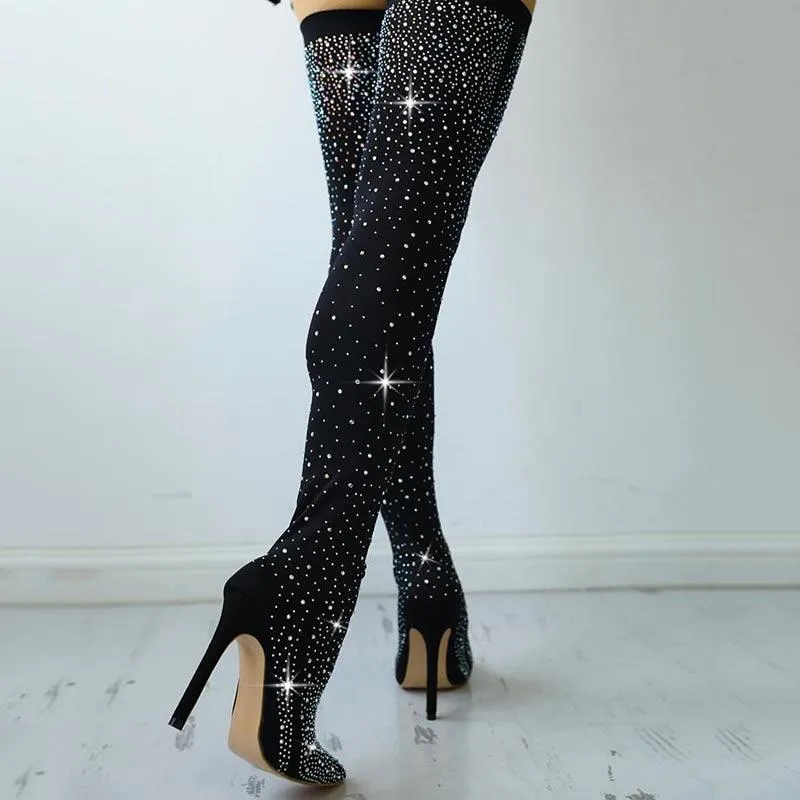 Shiny Sequins Knee-High Thin Heel Boots