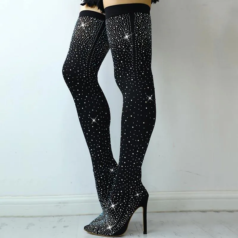 Shiny Sequins Knee-High Thin Heel Boots