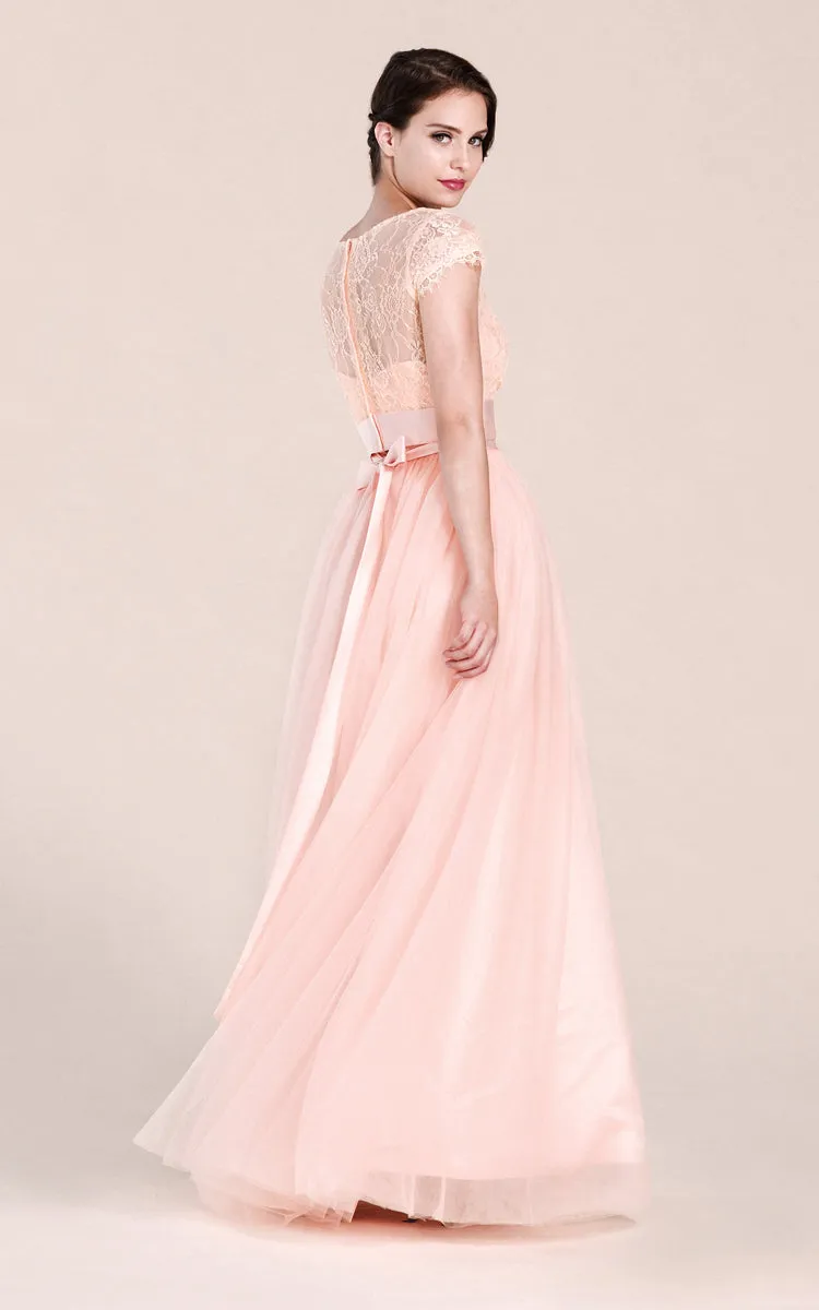 Short-sleeved A-line Long Dress With Illusion Neckline-ZP_100547