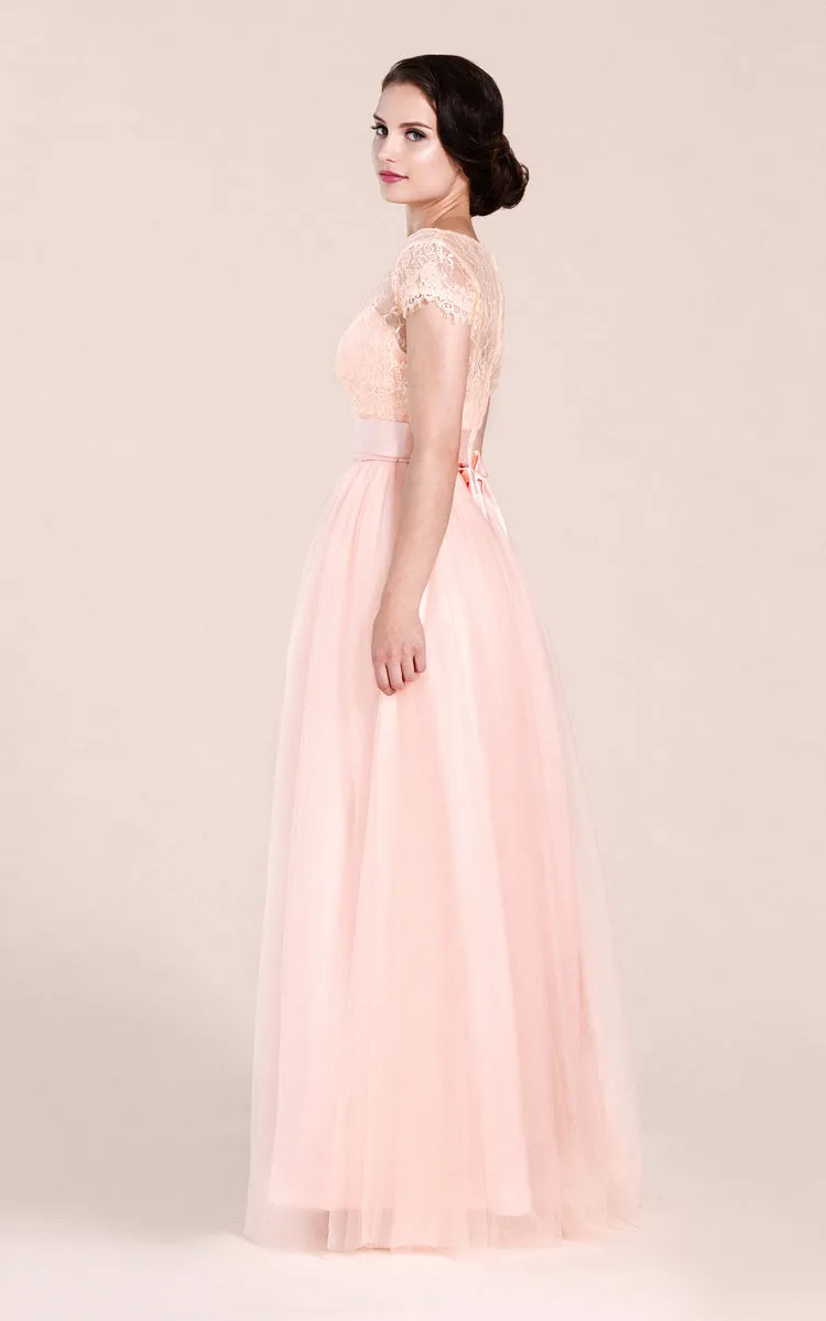 Short-sleeved A-line Long Dress With Illusion Neckline-ZP_100547
