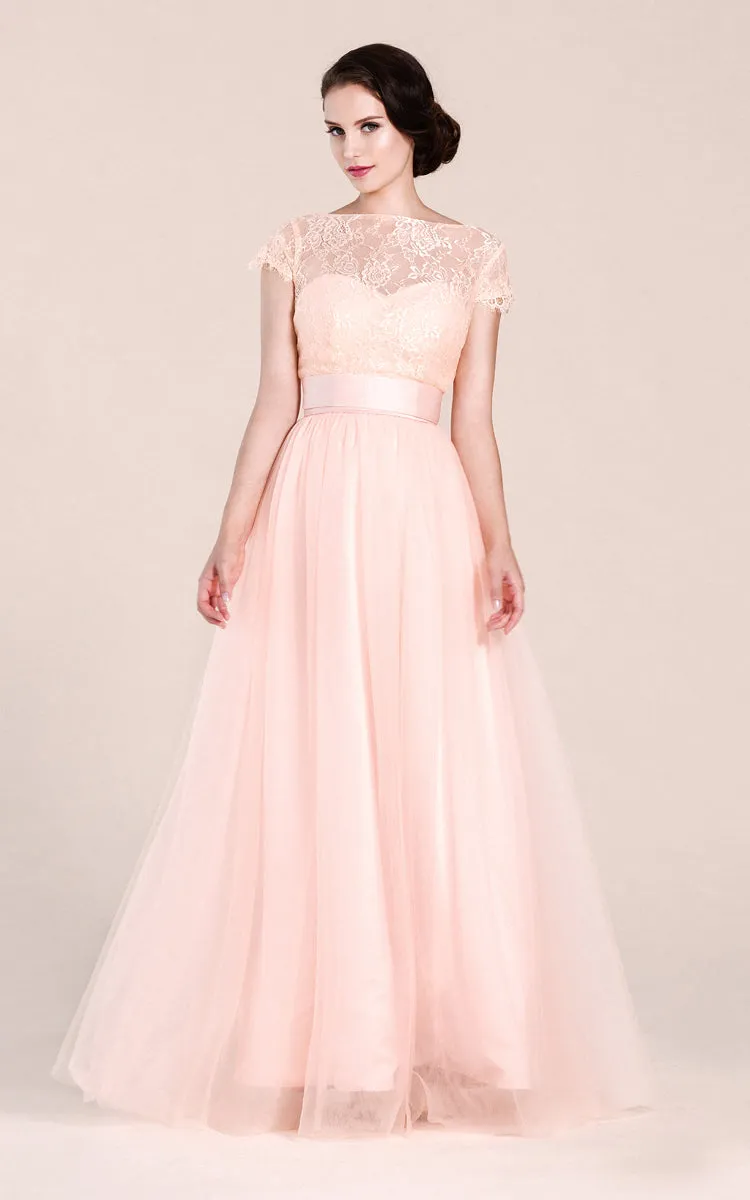 Short-sleeved A-line Long Dress With Illusion Neckline-ZP_100547