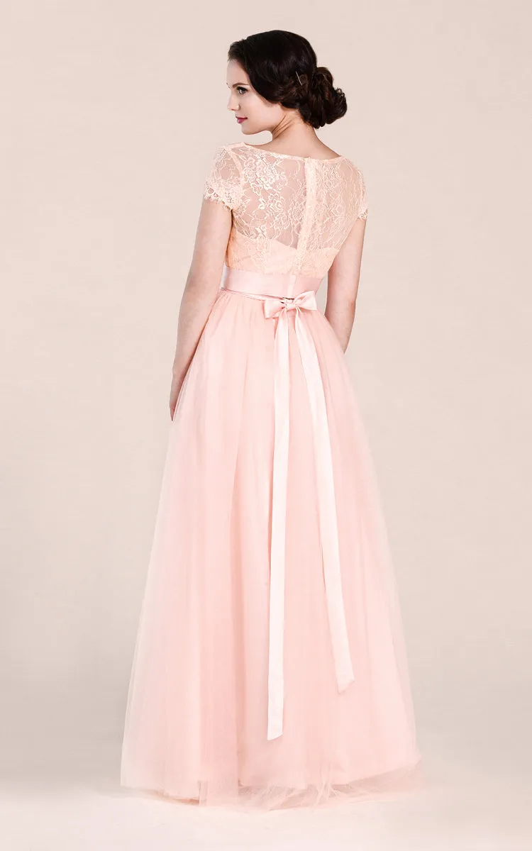 Short-sleeved A-line Long Dress With Illusion Neckline-ZP_100547