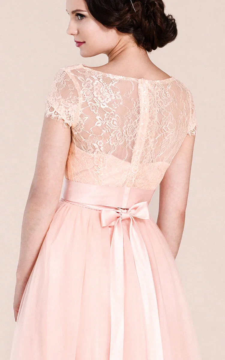 Short-sleeved A-line Long Dress With Illusion Neckline-ZP_100547