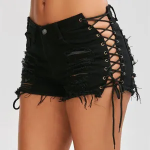 Shredded Lace-Up Denim Shorts
