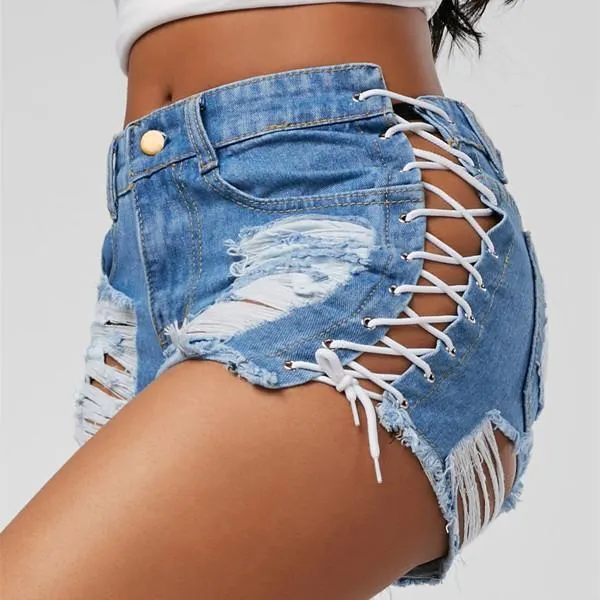 Shredded Lace-Up Denim Shorts