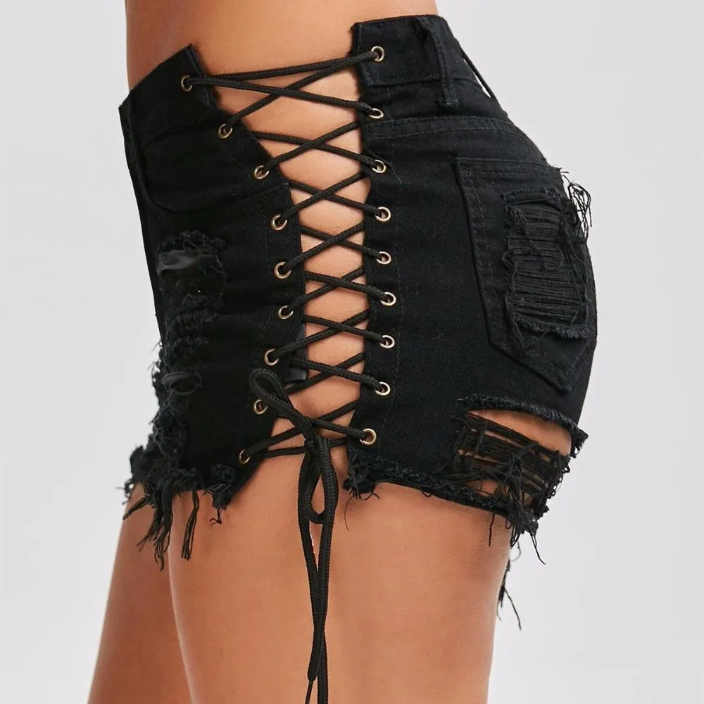 Shredded Lace-Up Denim Shorts