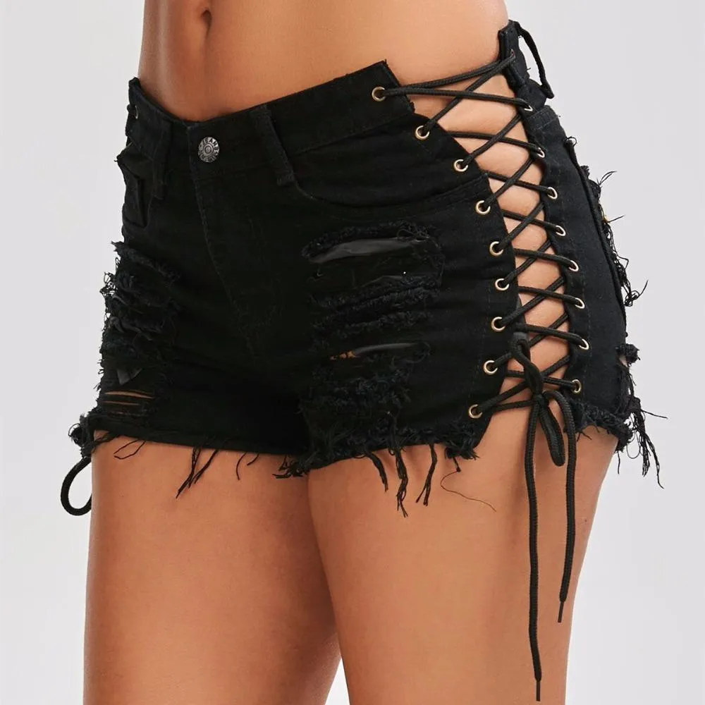 Shredded Lace-Up Denim Shorts