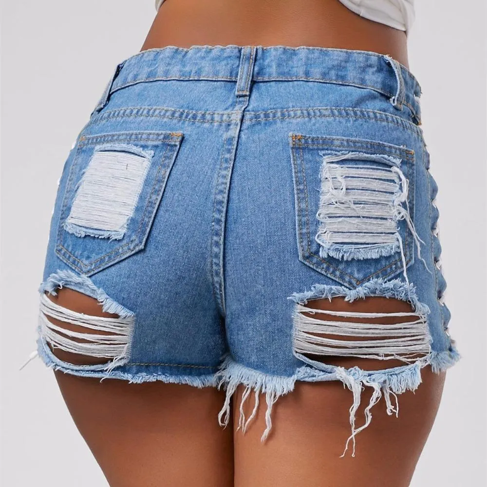 Shredded Lace-Up Denim Shorts