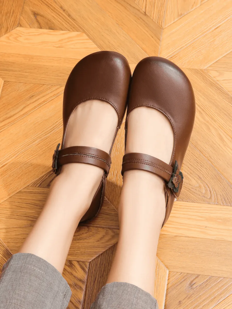 Side Daisy Buckle Leather Mary Jane - Brown